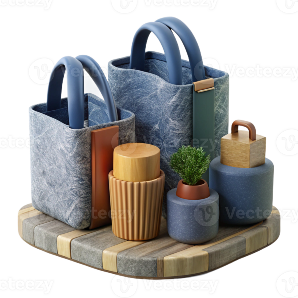 Stylish Desk Organizer with Fabric Bins and Wooden Accents png