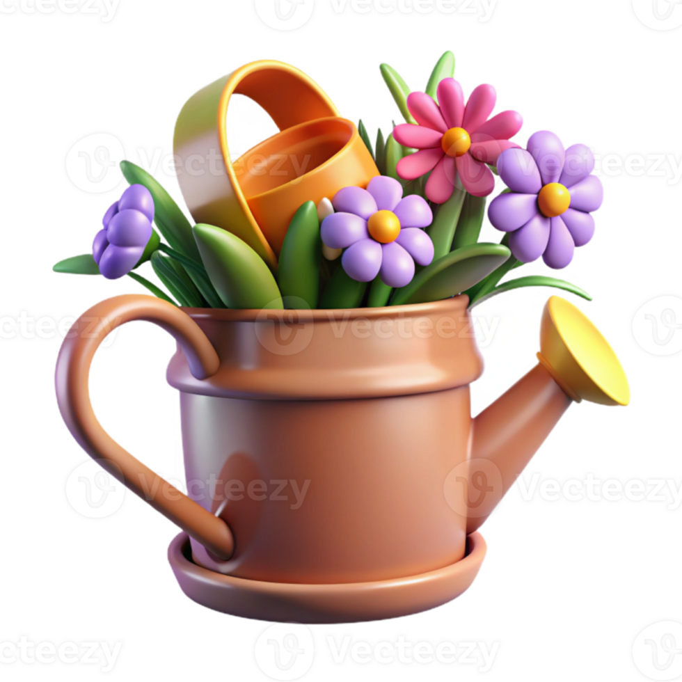 stunning minimalist 3D Render of Flowers in Watering Can high quality png