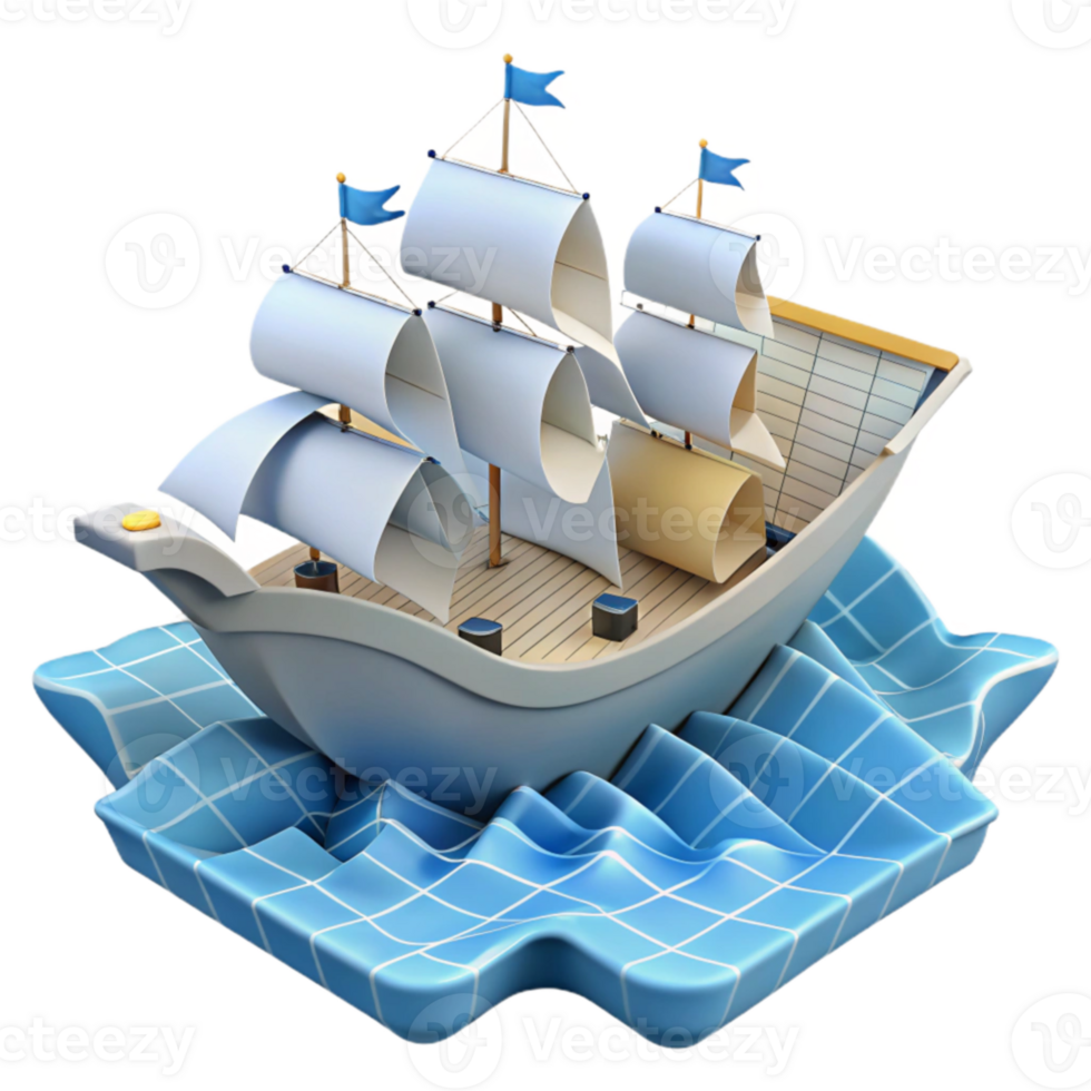 Sailing Ship on Wavy Ocean 3D Model png