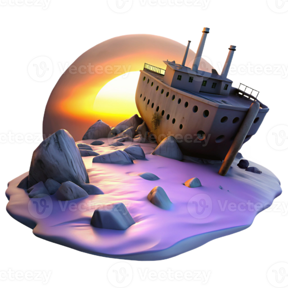 Sunken Shipwreck at Sunset 3D Render png