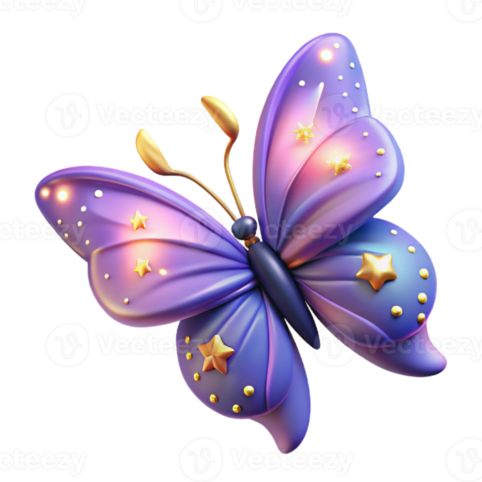 extraordinary modern 3D Purple Butterfly with Golden Stars detailed png