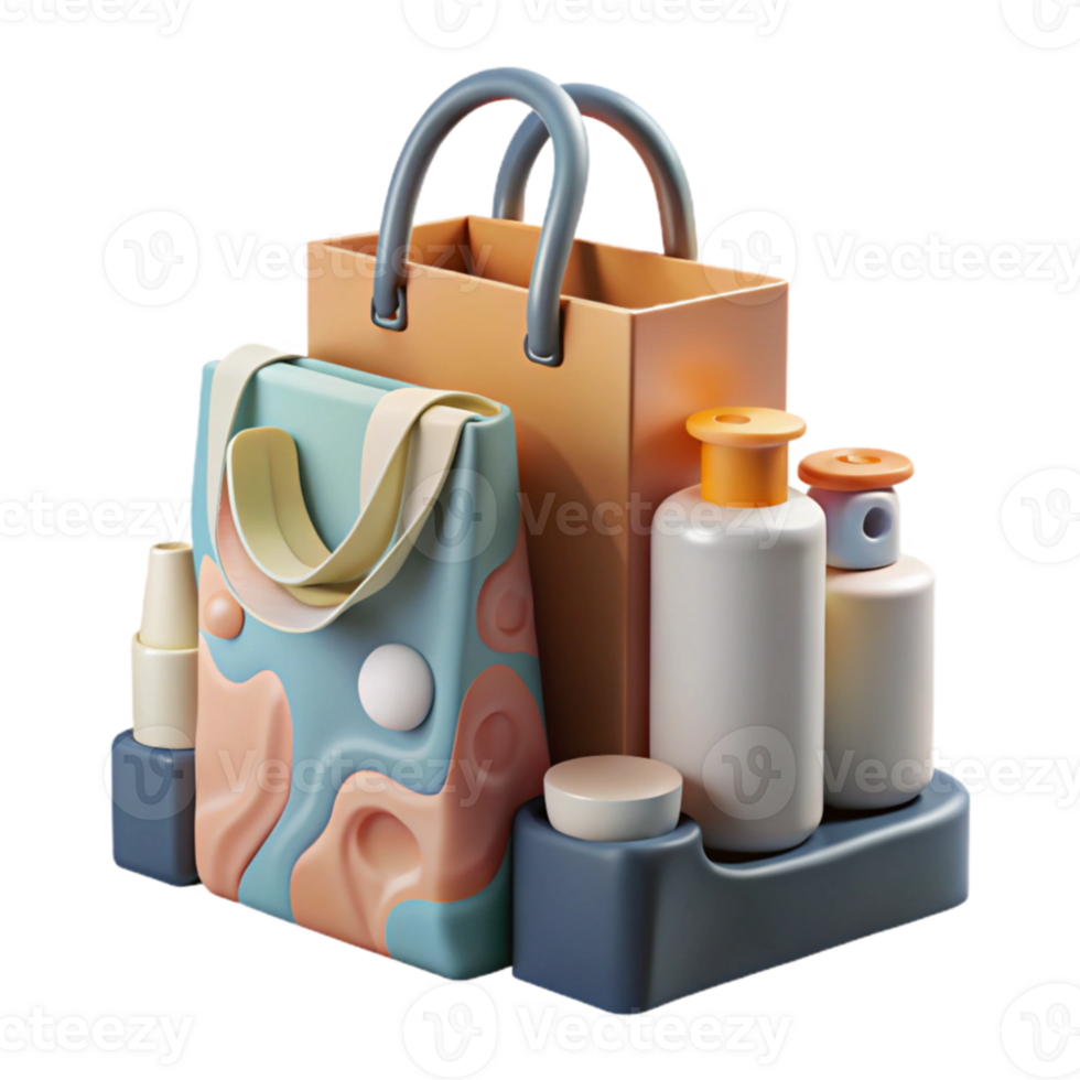 Shopping Bags, Bottles, and Containers A Colorful 3D Render png