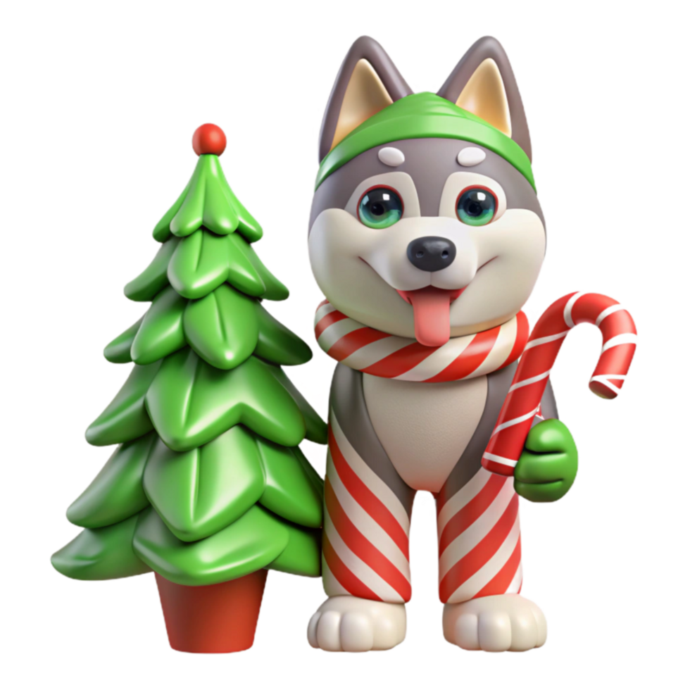Cute Puppy with Christmas Tree and Candy Cane png