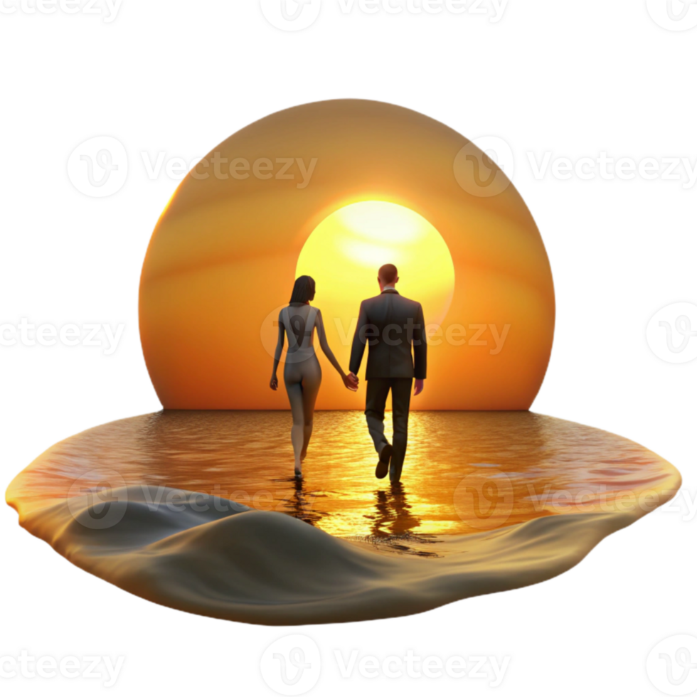 Sunset Romance Couple Walking into Golden Horizon png