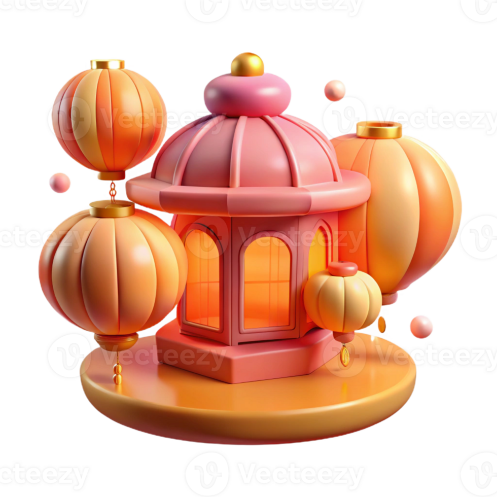 beautiful traditional 3D Render Orange Lantern Pavilion detailed png