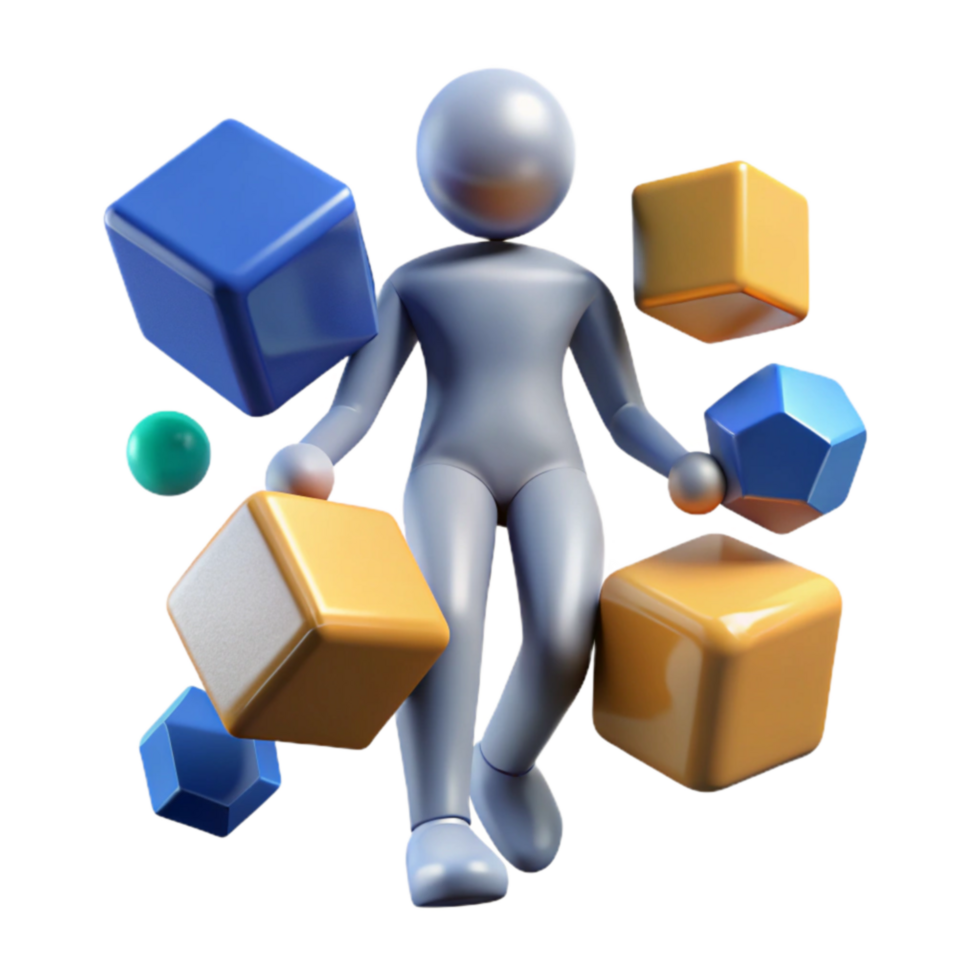 3D Figure Managing Colorful Cubes and Spheres png