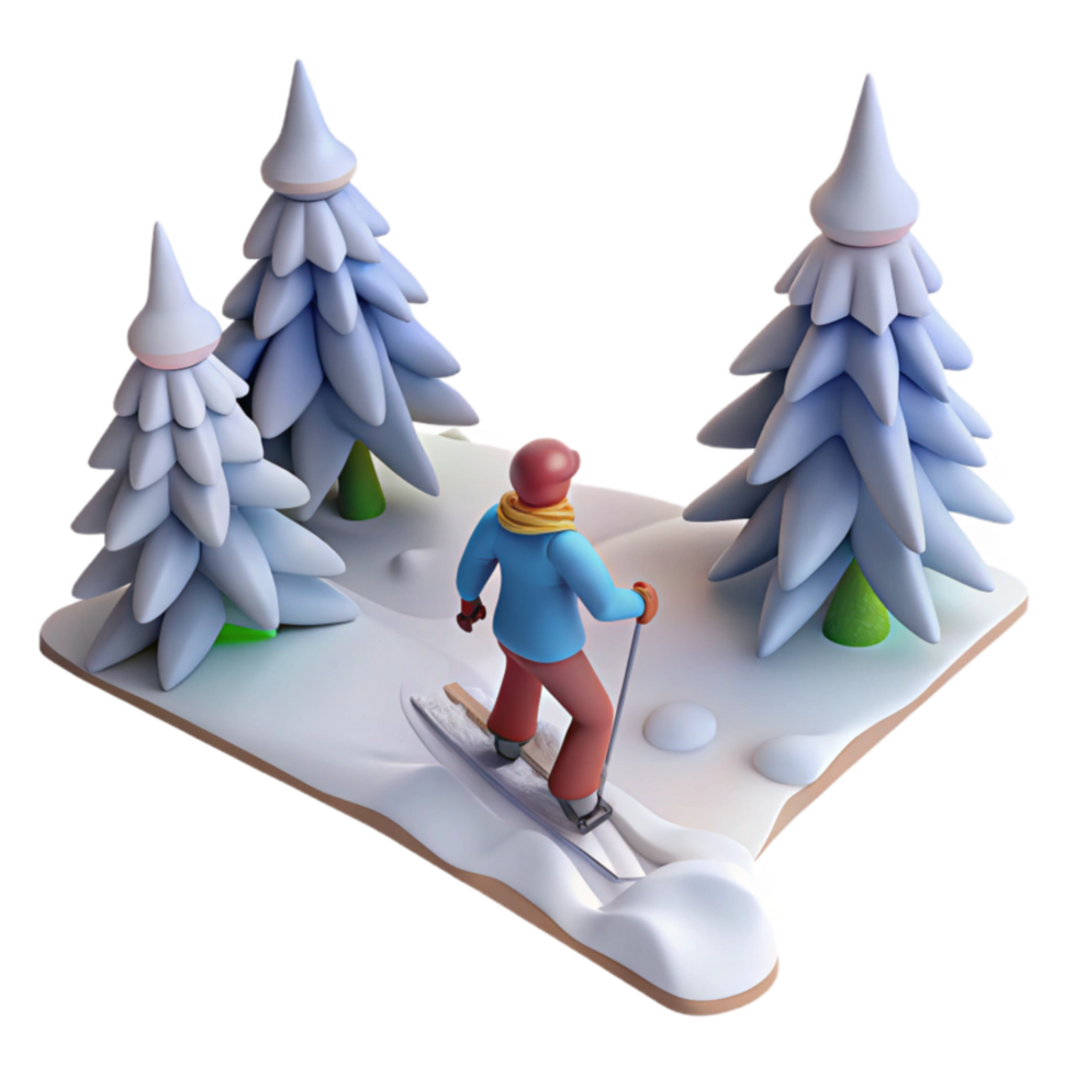 Winter Skiing Scene 3D Render of Skier in Snowy Forest png