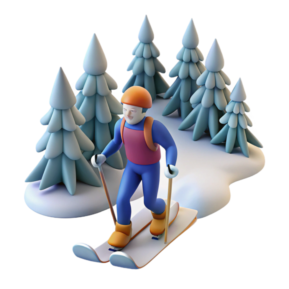 Winter Sports 3D Render of Cross-Country Skiing in Snowy Forest png