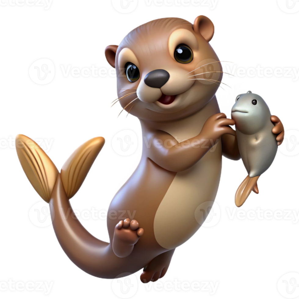 serene artistic Adorable 3D Otter Illustration Holding Fish detailed png