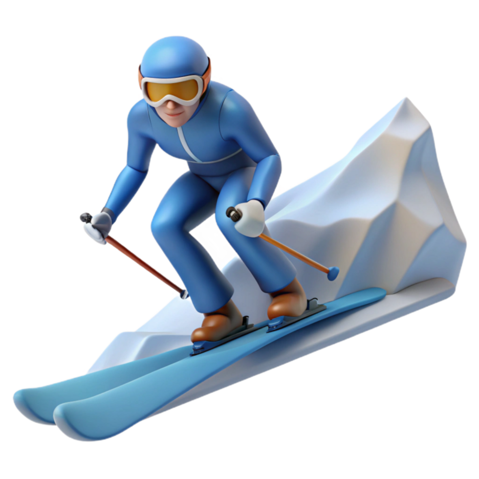 Downhill Skiing 3D Cartoon Skier on Snowy Slopes png