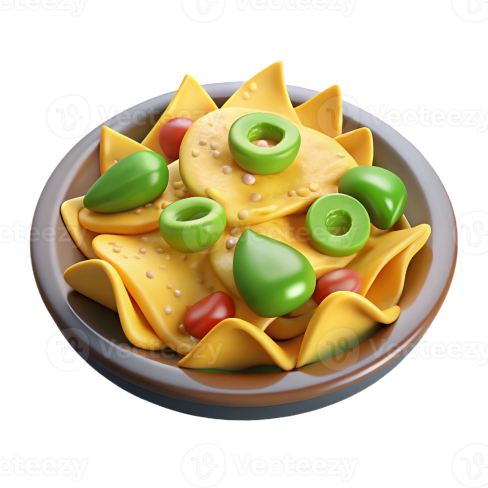 elegant minimalist 3D Render of Nachos with Olives and Tomatoes professional png