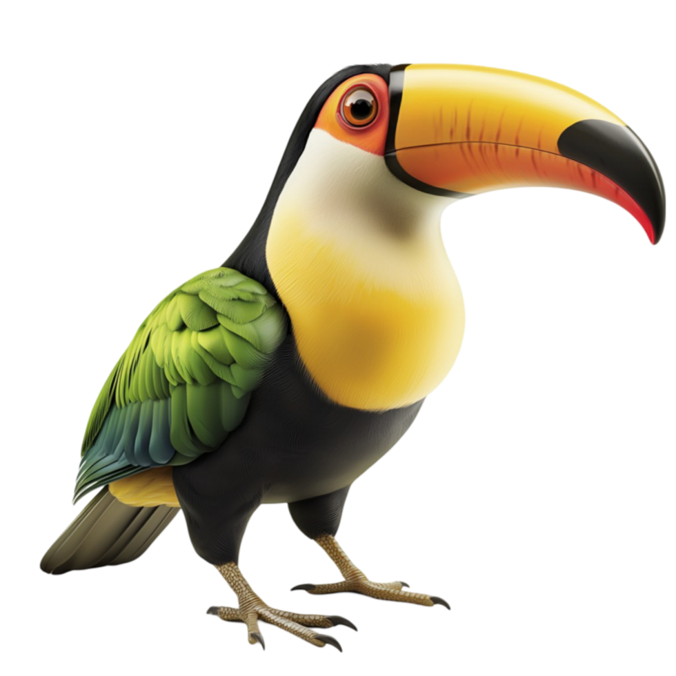 Colorful toucan with a large bright beak and glossy black and green feathers png