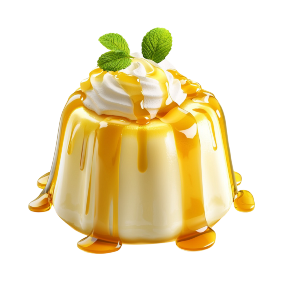 Creamy caramel pudding with a dollop of whipped cream and a sprig of mint on top png
