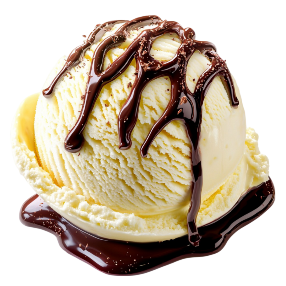 Creamy vanilla ice cream scoop covered in rich chocolate syrup melting on a plate png