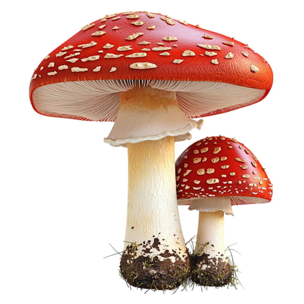 Vibrant red mushrooms with white spots represent nature mystery and woodland enchantment png