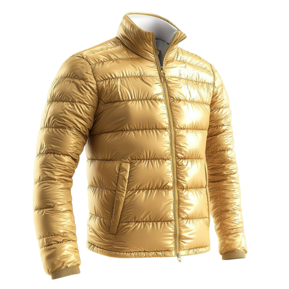 Shiny gold puffer jacket with a high collar and a quilted pattern for warmth png
