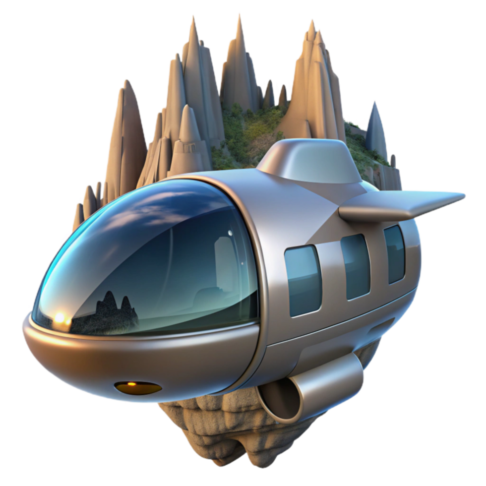 Futuristic Flying Vehicle on Mountaintop Island png