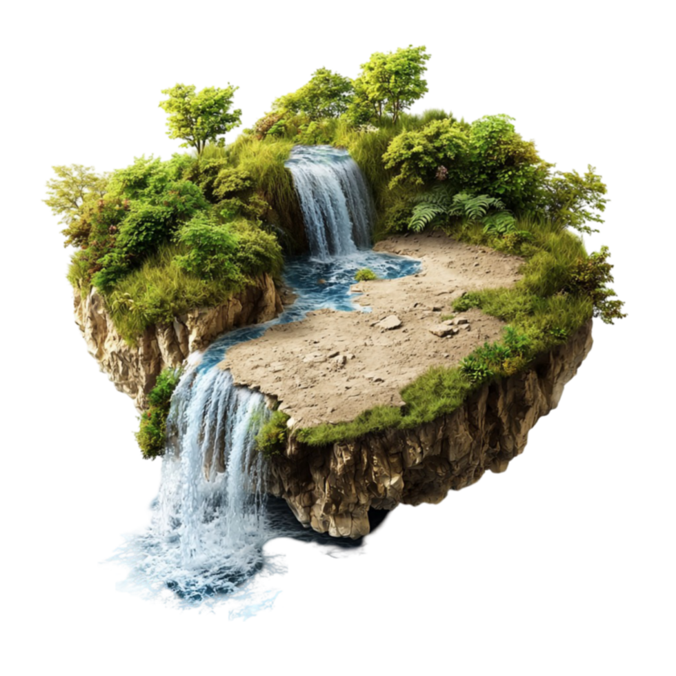 Floating island with a cascading waterfall and lush green trees on top png