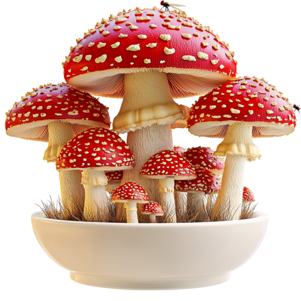 Cluster of red and white spotted mushrooms growing in a white ceramic bowl png