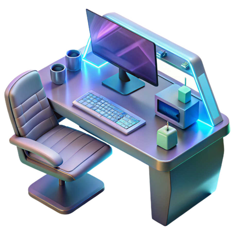 Modern Gaming Desk Setup Ergonomic Chair, Computer, Keyboard png