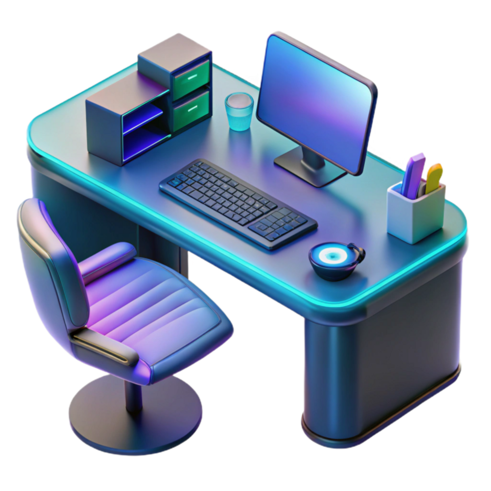 Modern Home Office Setup Desk, Chair, Computer, Keyboard png