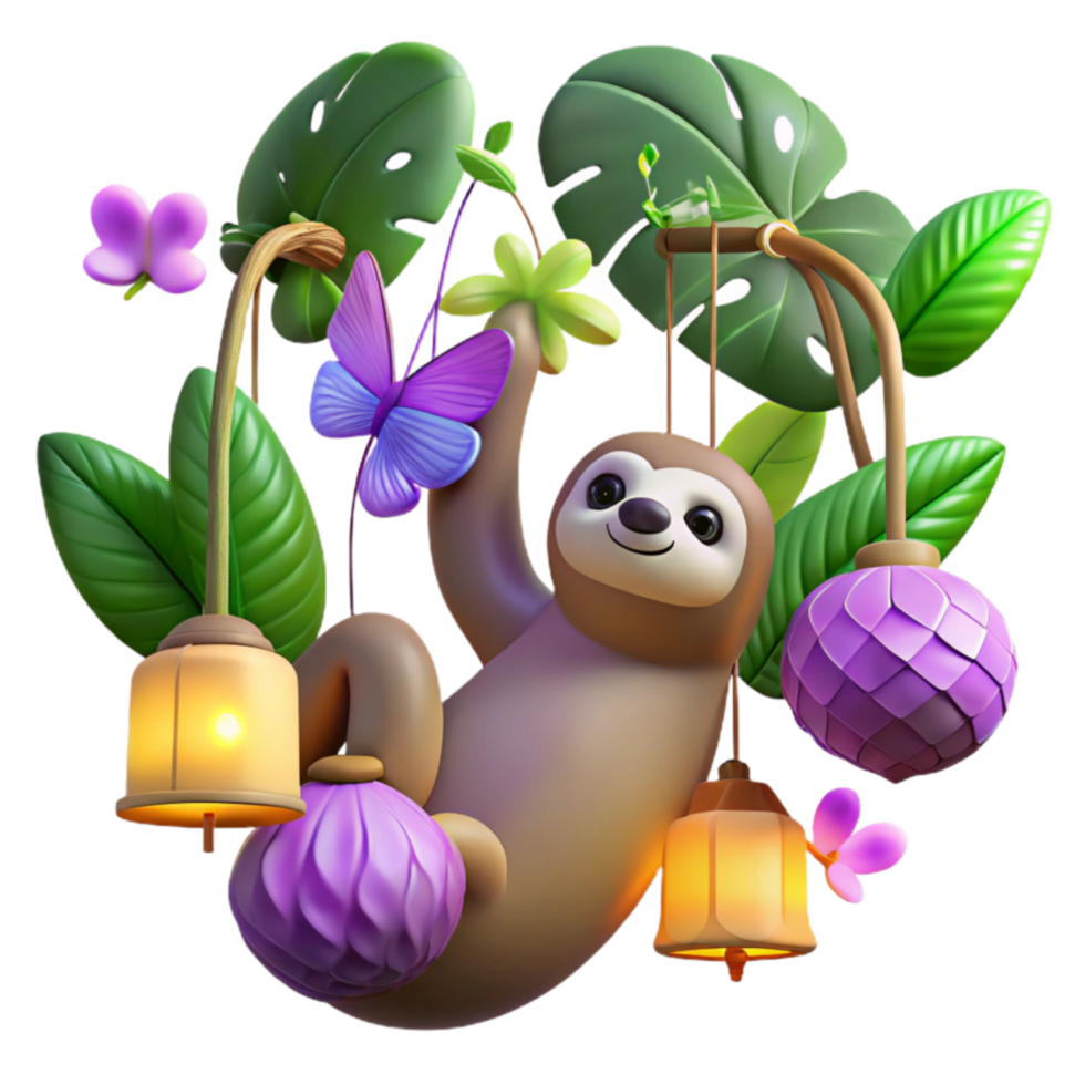 Adorable Sloth Hanging on Tropical Vines with Butterfly Lanterns png