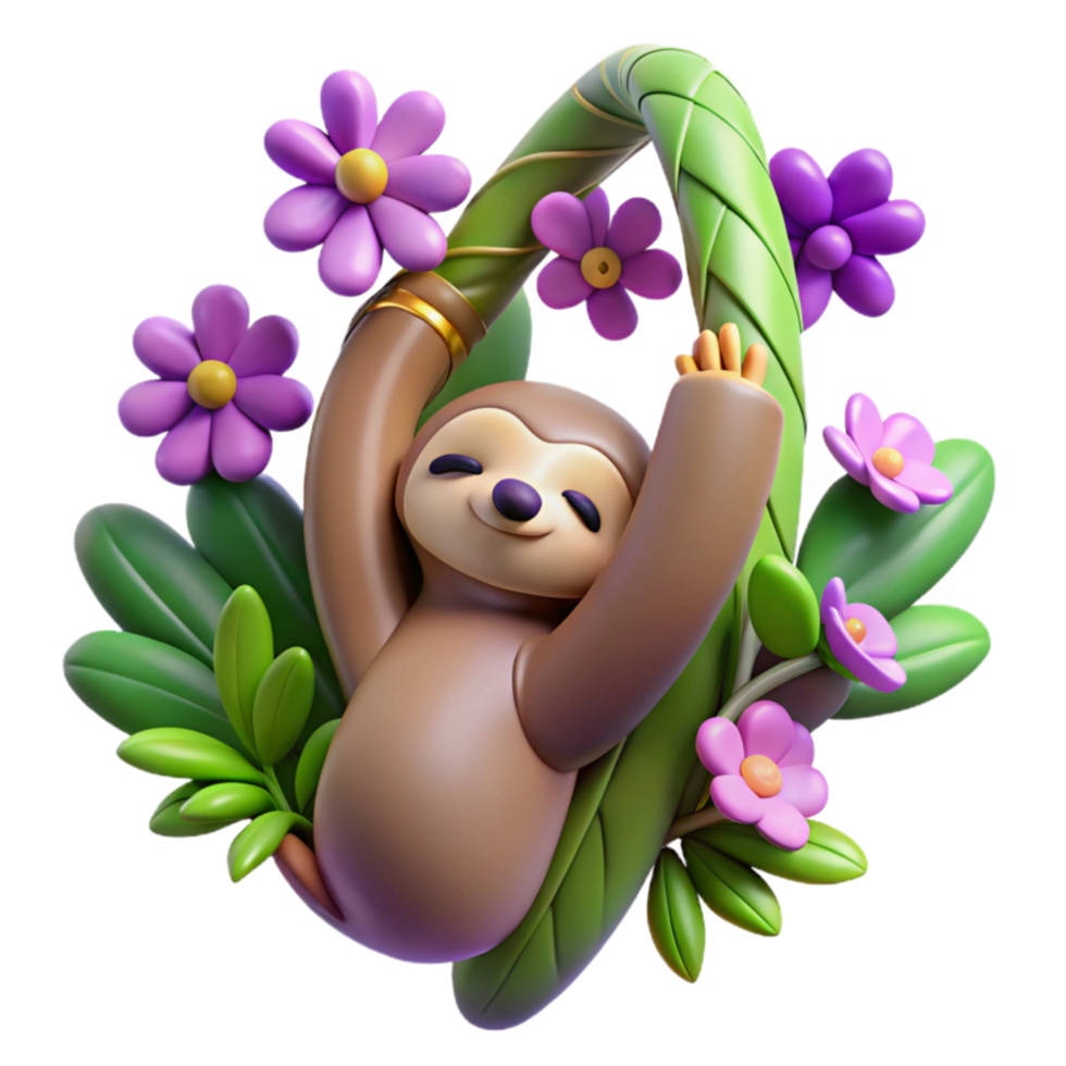 Adorable Sloth Hanging on Vine with Flowers png