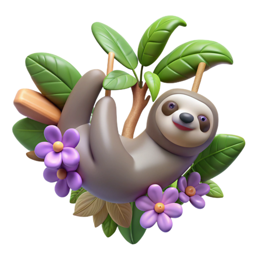 Adorable 3D Sloth Hanging on Tree Branch with Flowers png
