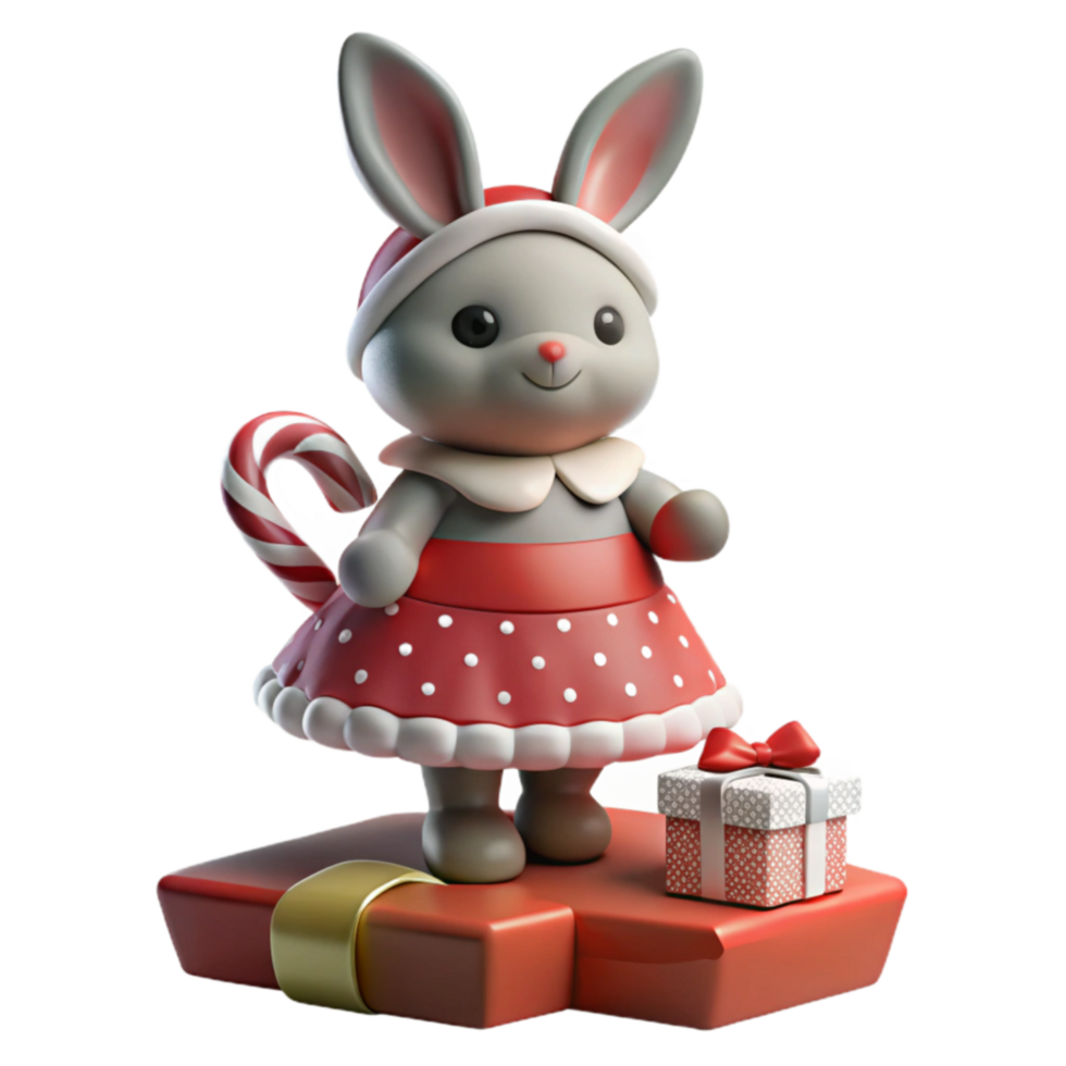 Cute Christmas Bunny with Gift 3D Render png