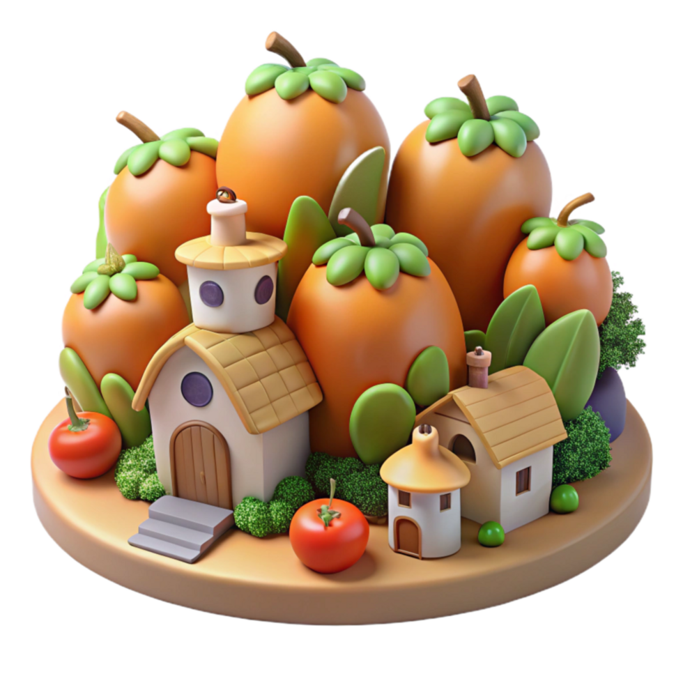 Charming Village Amidst Orange Fruit 3D Render png