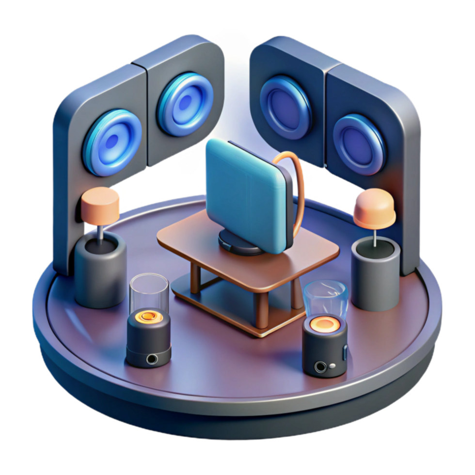 Home Audio Setup Computer, Speakers, and Ambient Lighting png