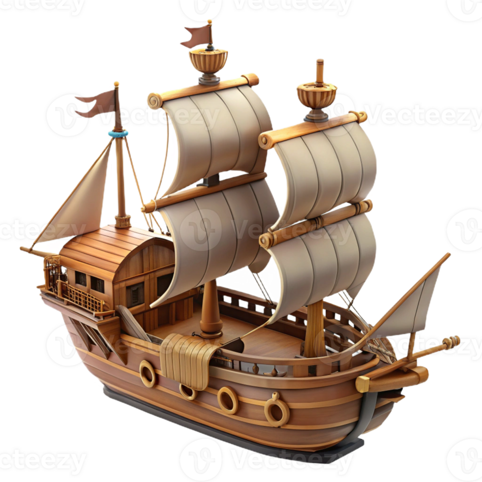 dramatic traditional 3D Model of a Wooden Sailing Ship high quality png