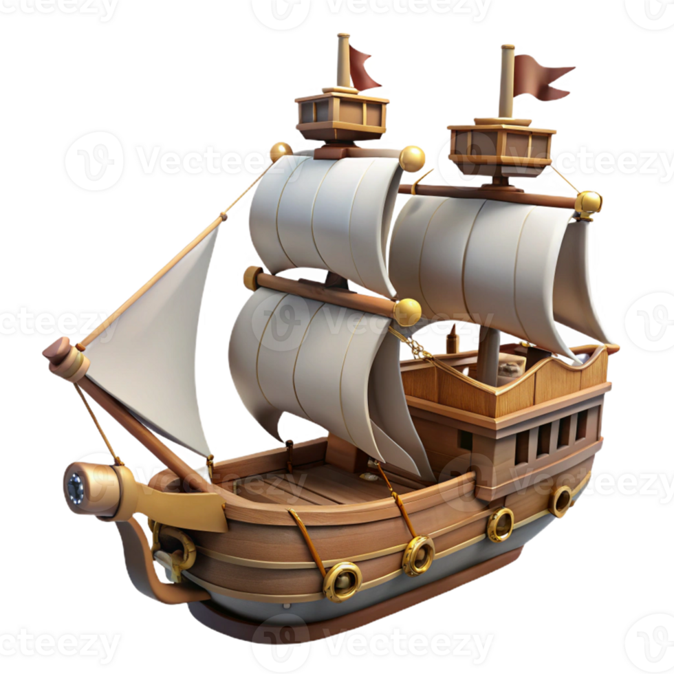 serene minimalist 3D Model Wooden Sailing Ship Illustration exclusive png