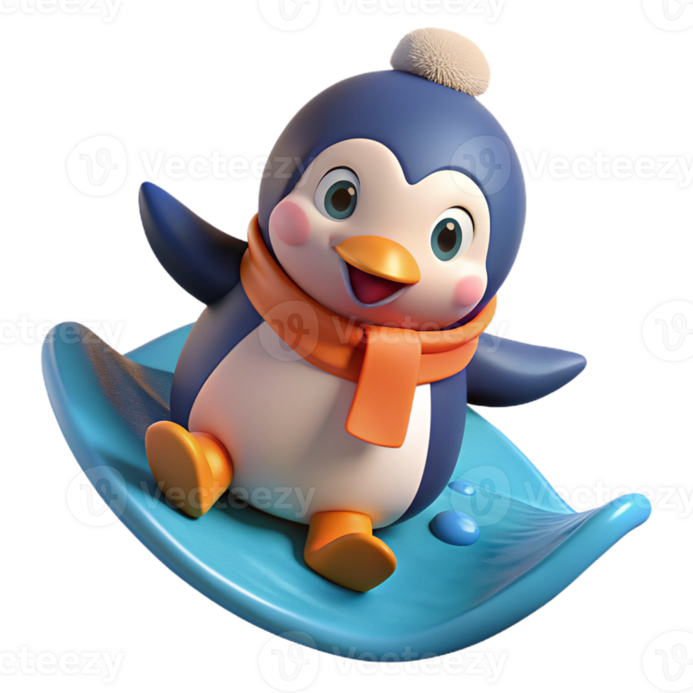 magnificent minimalist Cute Penguin 3D Illustration Snowboarding high resolution png