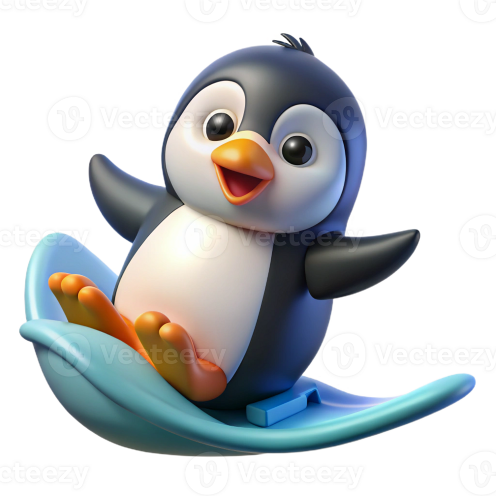 extraordinary vintage Cute Penguin Surfing 3D Render high quality png