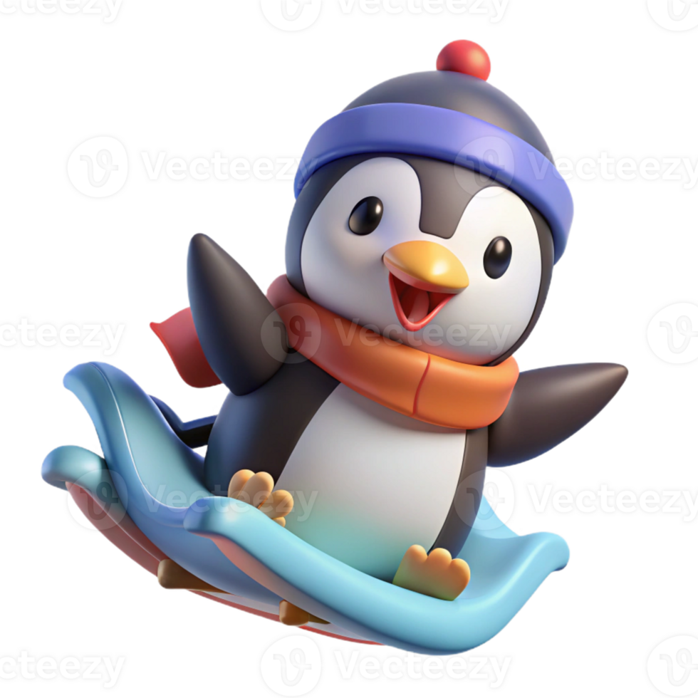 wonderful artistic Cute Penguin 3D Render Sliding on Snow 4K png