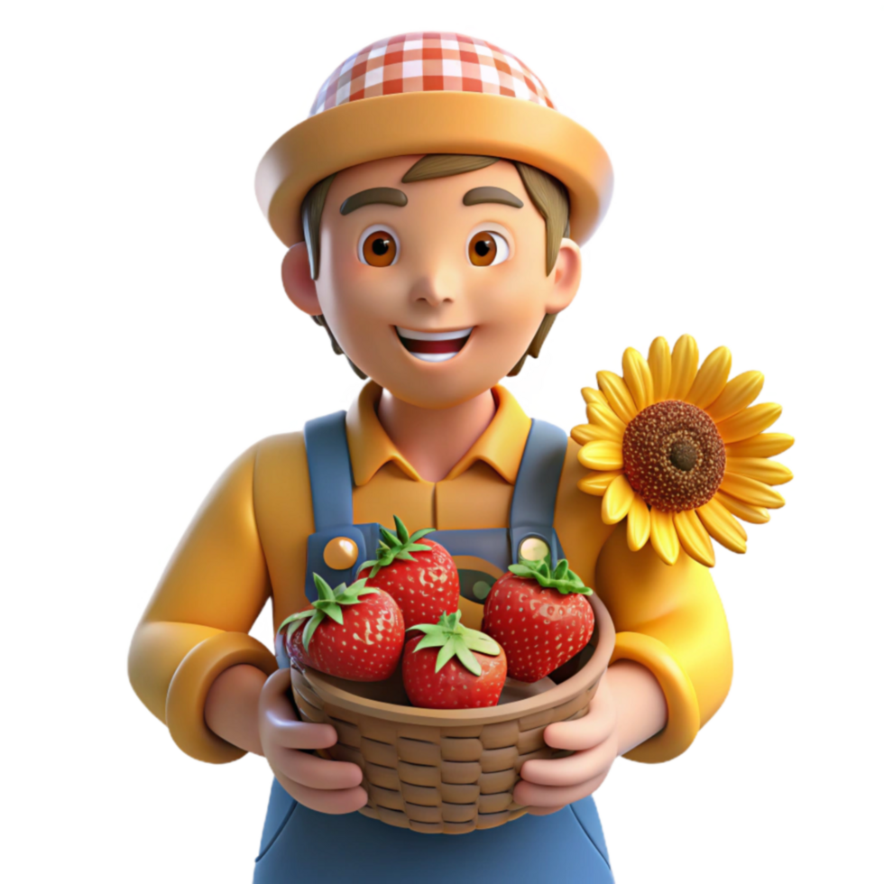 Happy Farmer Holding Basket of Strawberries and Sunflower png