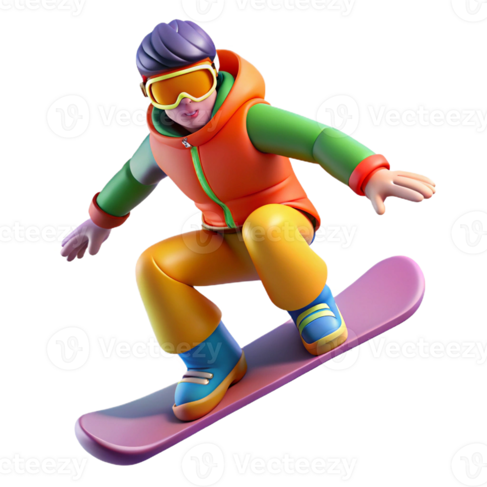 serene rustic 3D Illustration Snowboarder Cartoon 4K png