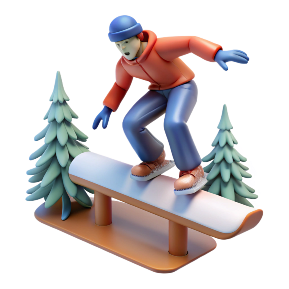 3D Render of Snowboarder on Winter Landscape png