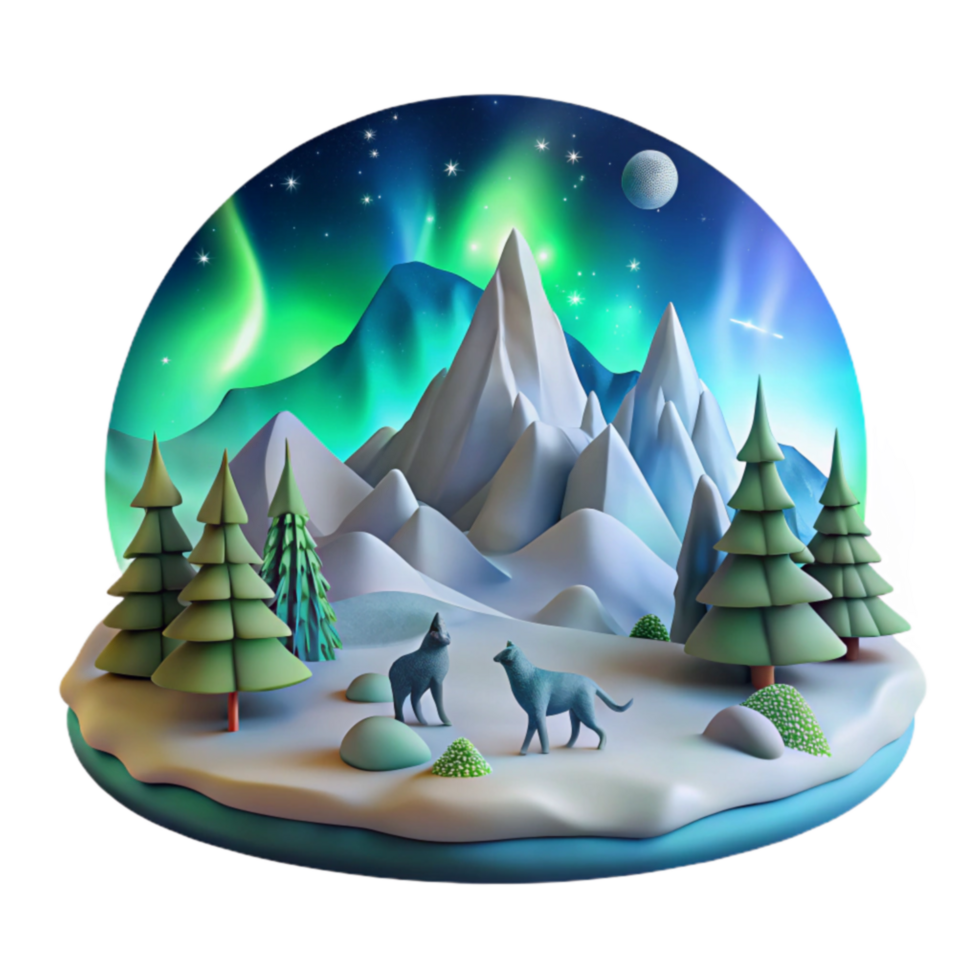 Arctic Wonderland Wolves, Mountains, and Aurora Borealis png