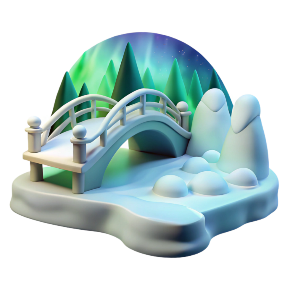 Winter Bridge Scene 3D Render of Snowy Landscape with Aurora png