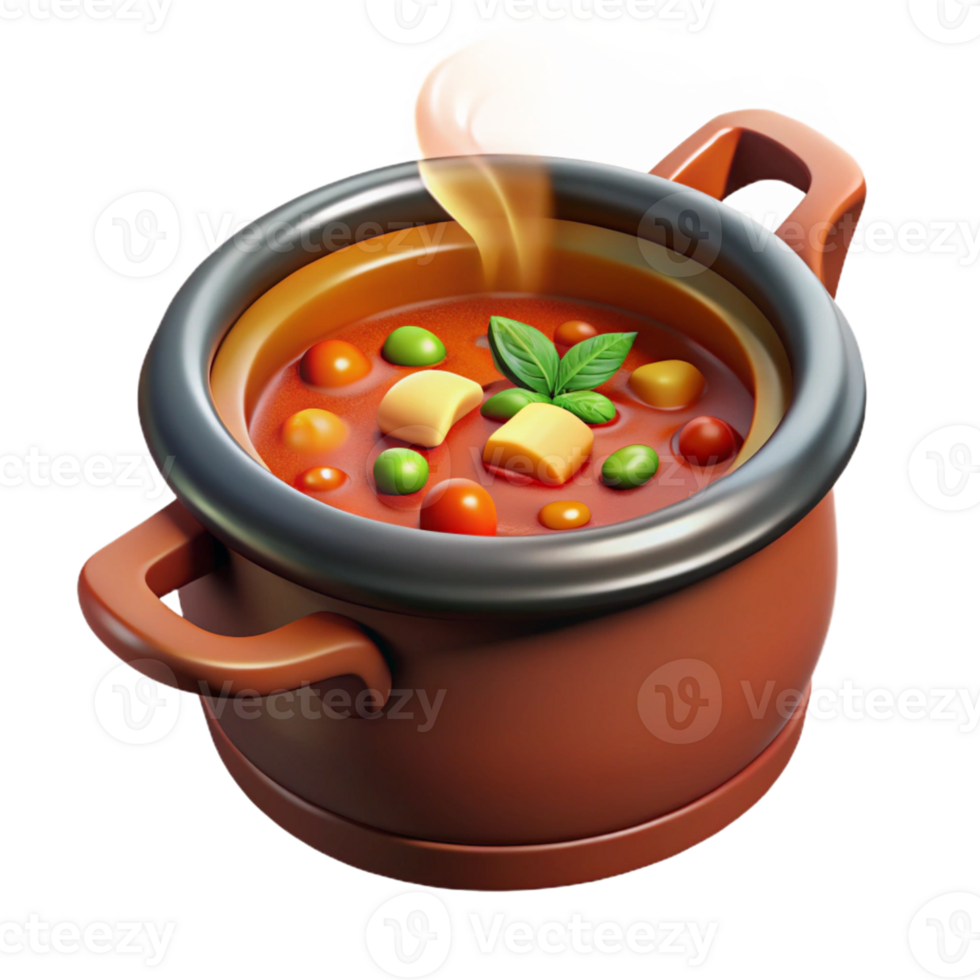 impressive classic Steaming Vegetable Soup in Clay Pot 3D Illustration authentic png