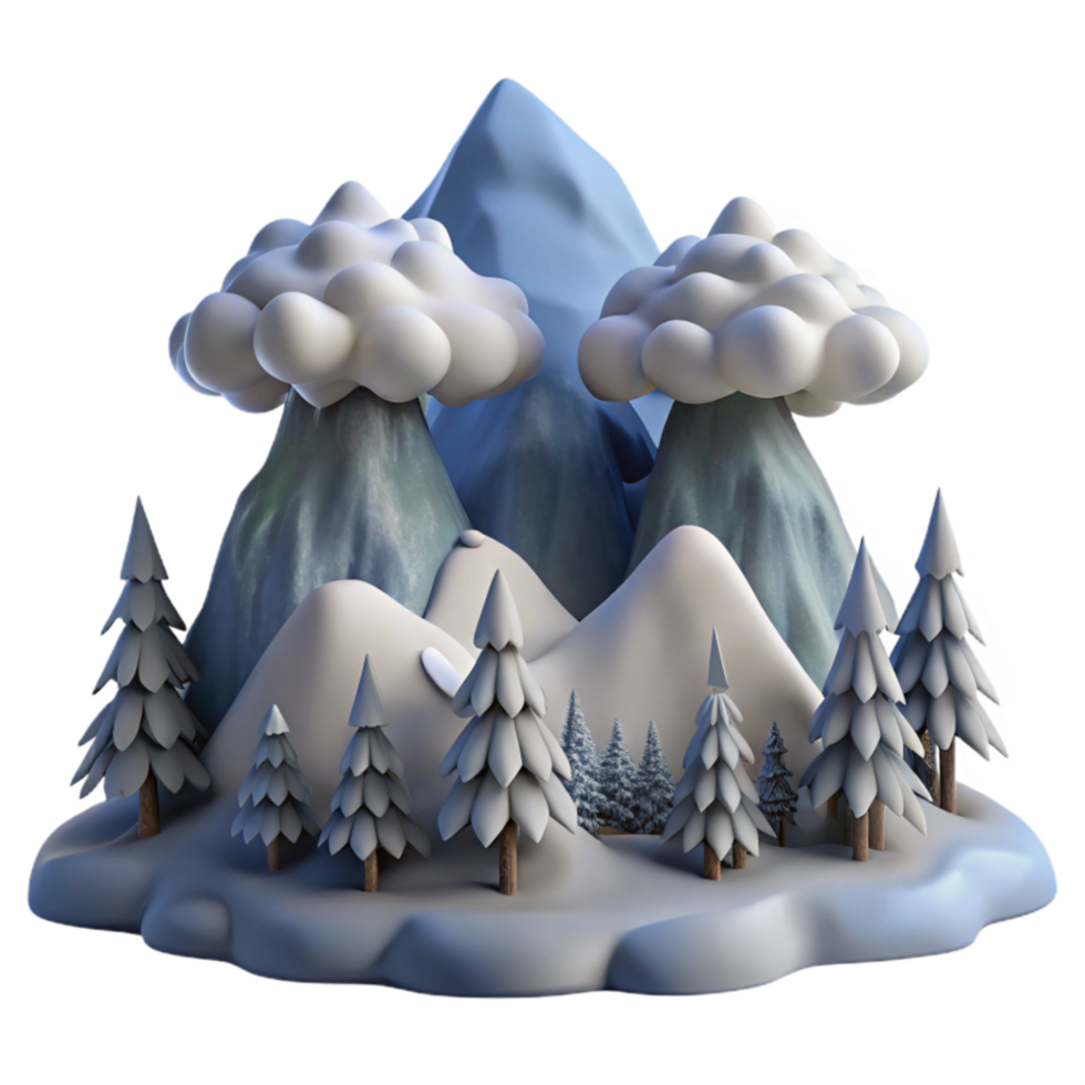Winter Mountain Scene 3D Render of Snowy Peaks and Pine Trees png