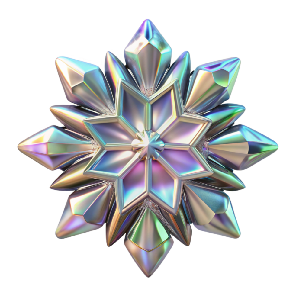 Iridescent Crystal Snowflake 3D Render of a Geometric Star png