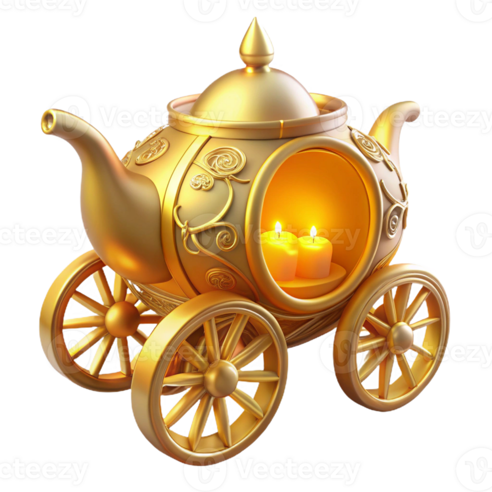 impressive contemporary Golden Teapot Carriage 3D Render premium png