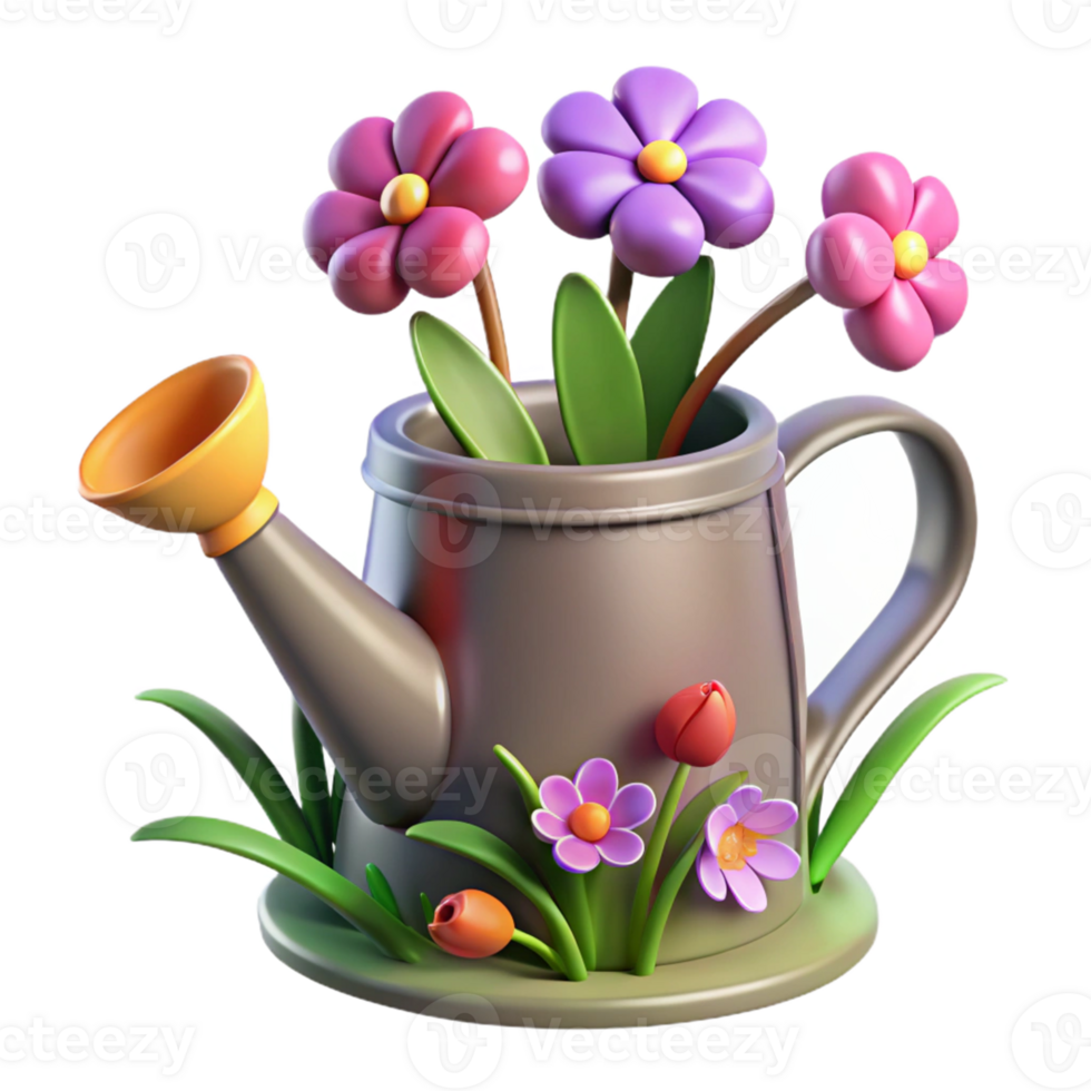 dramatic contemporary 3D Illustration of a Watering Can with Flowers high quality png