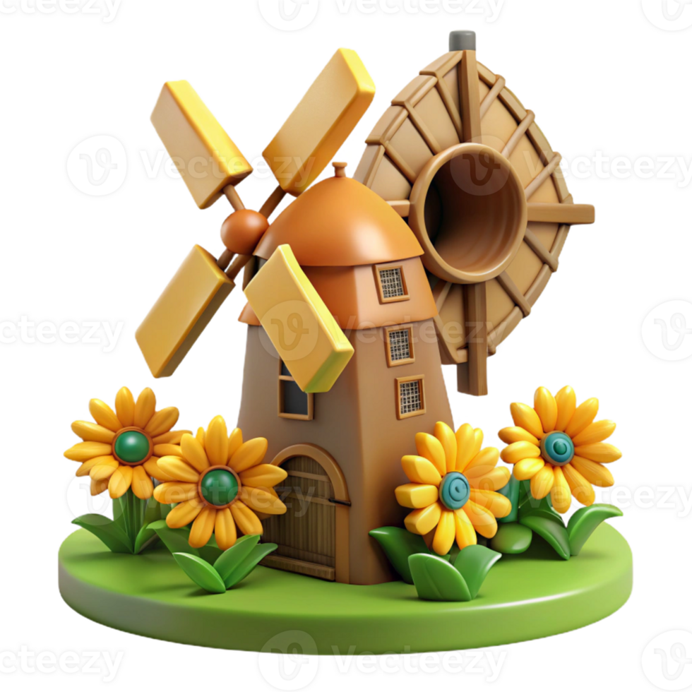 elegant classic 3D Cartoon Windmill Illustration with Flowers authentic png