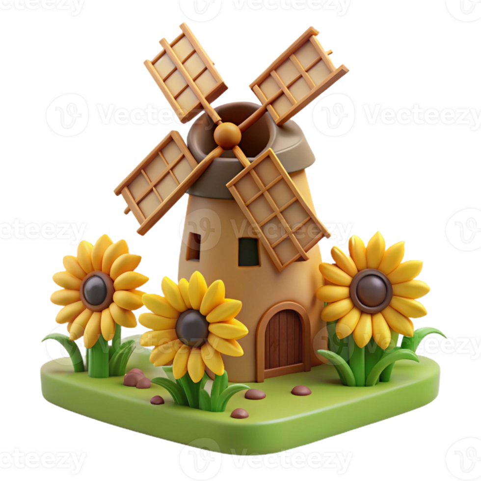 magnificent contemporary 3D Render Windmill Sunflowers Illustration premium png