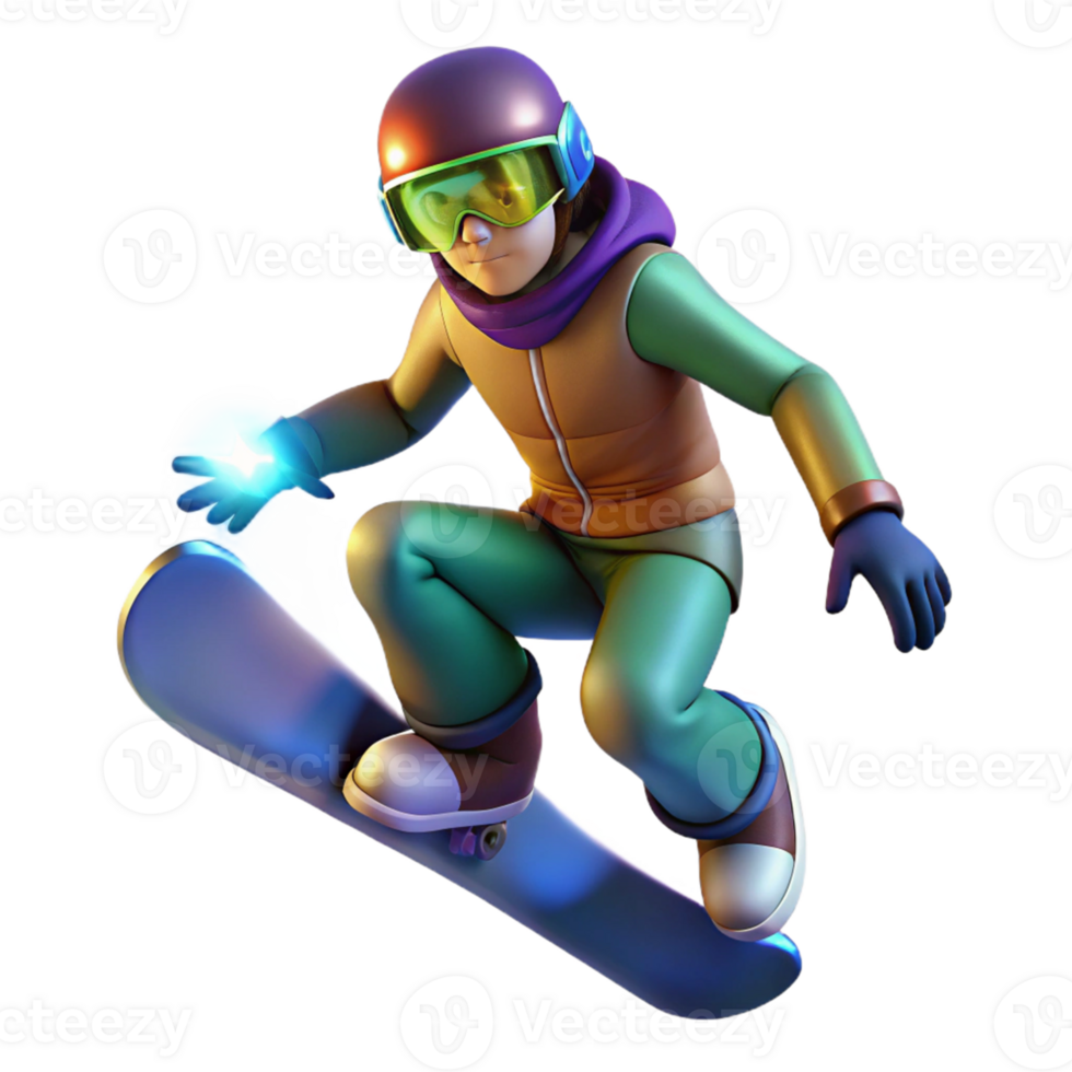 dramatic artistic 3D Cartoon Snowboarder Illustration authentic png