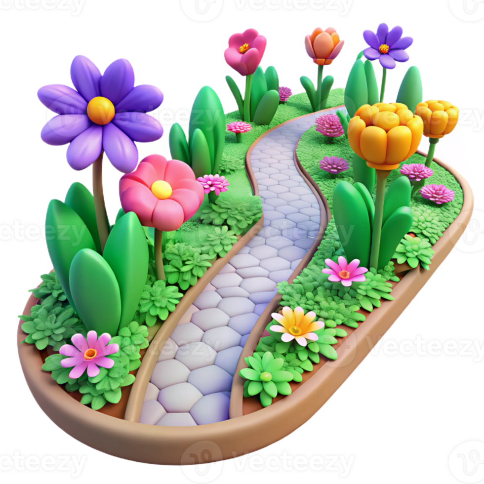 stunning rustic 3D Garden Illustration Stone Path Colorful Flowers exclusive png